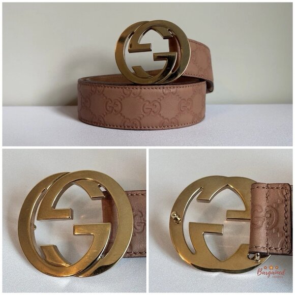 Auth Gucci Brown/Beige Guccissima Leather Gold Interlocking G Buckle Belt 80/32 - Picture 2 of 13